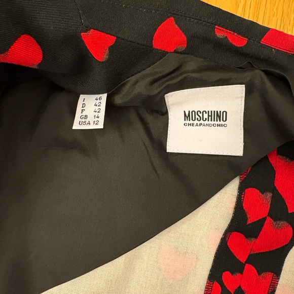 Vintage Moschino Cheap and Chic Black Jacket & Skirt with Red Heart Pattern - Picture 6 of 12